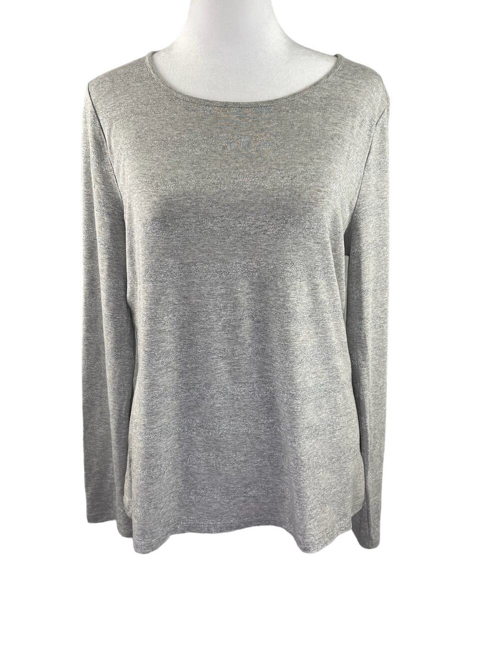 Talbots Top M Gray Silver Metallic Stripe Long Sleeve Tee Sparkle